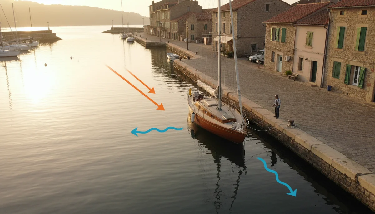Voilier en phase finale d'accostage le long d'un quai, vue de dessus avec vecteurs vent et courant matérialisés, ambiance port côtier français