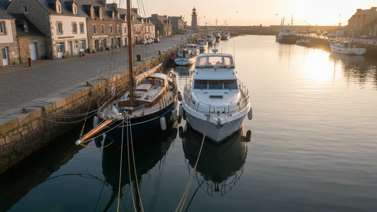 Vue de dessus de deux navires amarrés côte à côte dans un port, amarres colorées bien tendues, défenses entre les coques