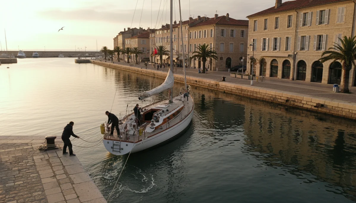 Voilier en phase d'appareillage le long d'un quai, équipage larguant les amarres, ambiance port français matin tôt