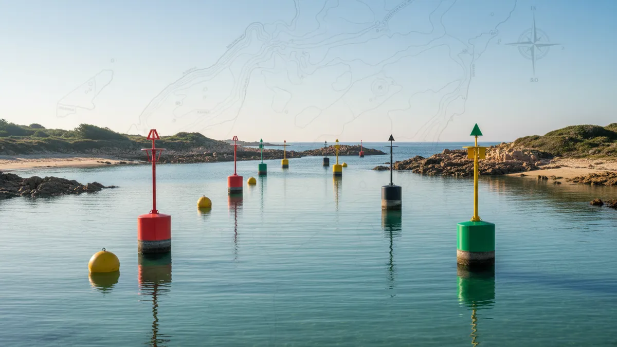 Bouées de balisage maritime rouge, verte, jaune et noire dans un chenal côtier français, mer calme et visibilité nette