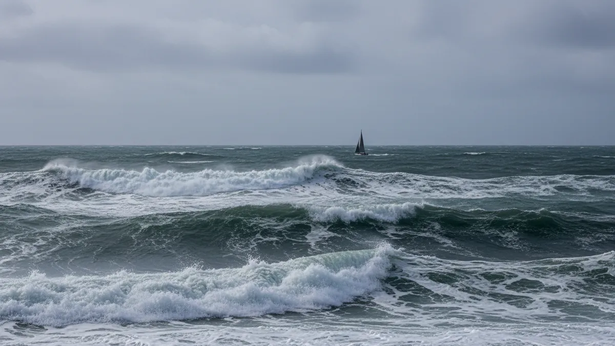 Mer formée avec crêtes blanches, voilier réduit sous ciel gris, observation de l'état de mer