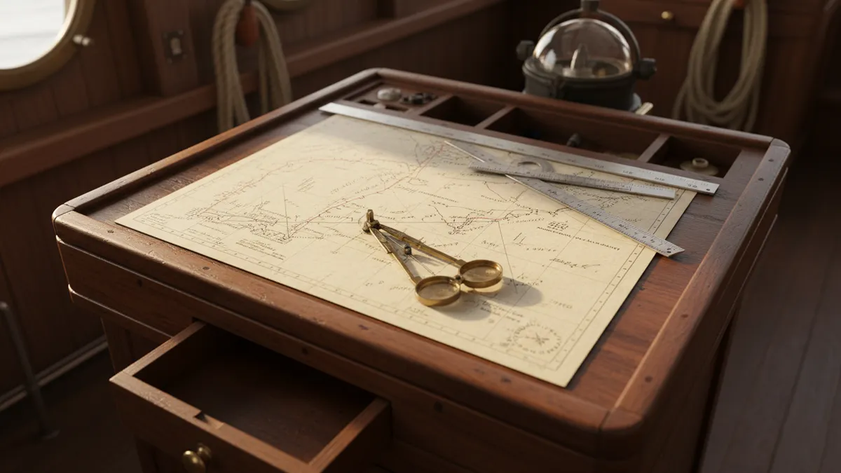 Table à cartes avec compas, règle parallèle, traces de routes au crayon, calcul d'estime en cours, ambiance navigation côtière