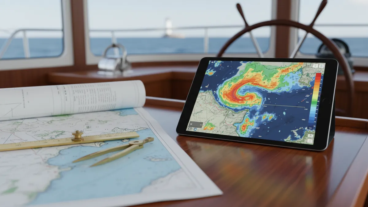 Tablette affichant une carte météo GRIB avec vents et vagues, posée sur une table à cartes de bateau