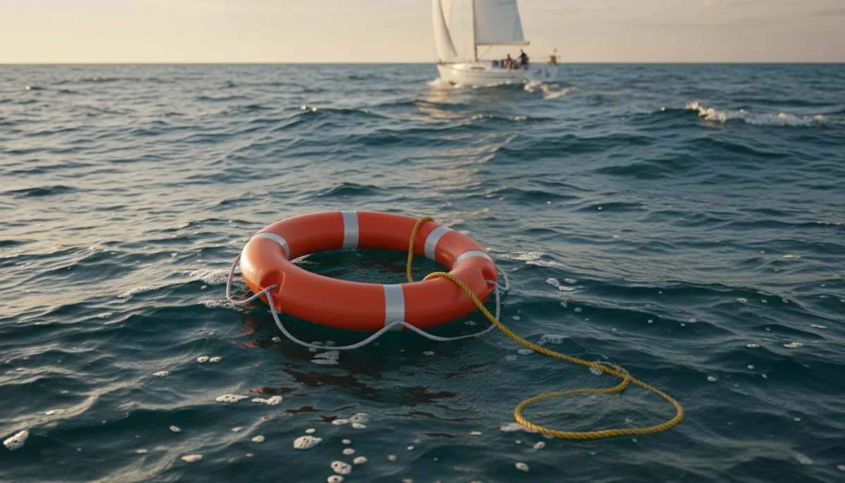 Bouée-couronne flottante sur la mer avec sa ligne, voilier au loin en manœuvre de retour, conditions de mer modérée