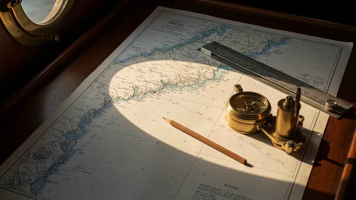 Carte marine SHOM ouverte sur table à cartes, compas de relèvement, règle parallèle, ambiance navigation côtière
