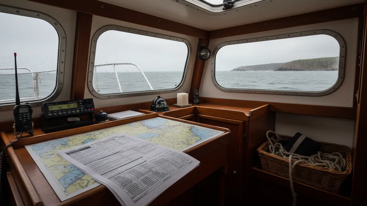 Table à cartes avec bulletin météo marine, VHF allumée, ciré marin et mer grise visible par le hublot