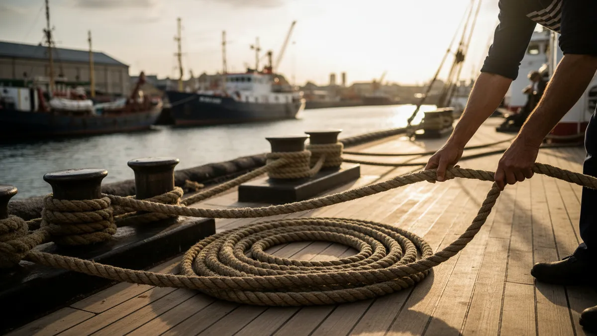 Marin manœuvrant des amarres sur le pont d'un navire au port, mains expérimentées, cordage en spires