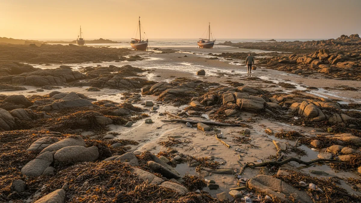 Estran à marée basse en Bretagne, rochers découverts, laisses de mer visibles, lumière dorée d'aube, ambiance maritime authentique