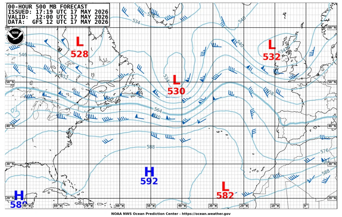 Carte NOAA 500 hPa Atlantique montrant talwegs, centres bas et circulation d'altitude
