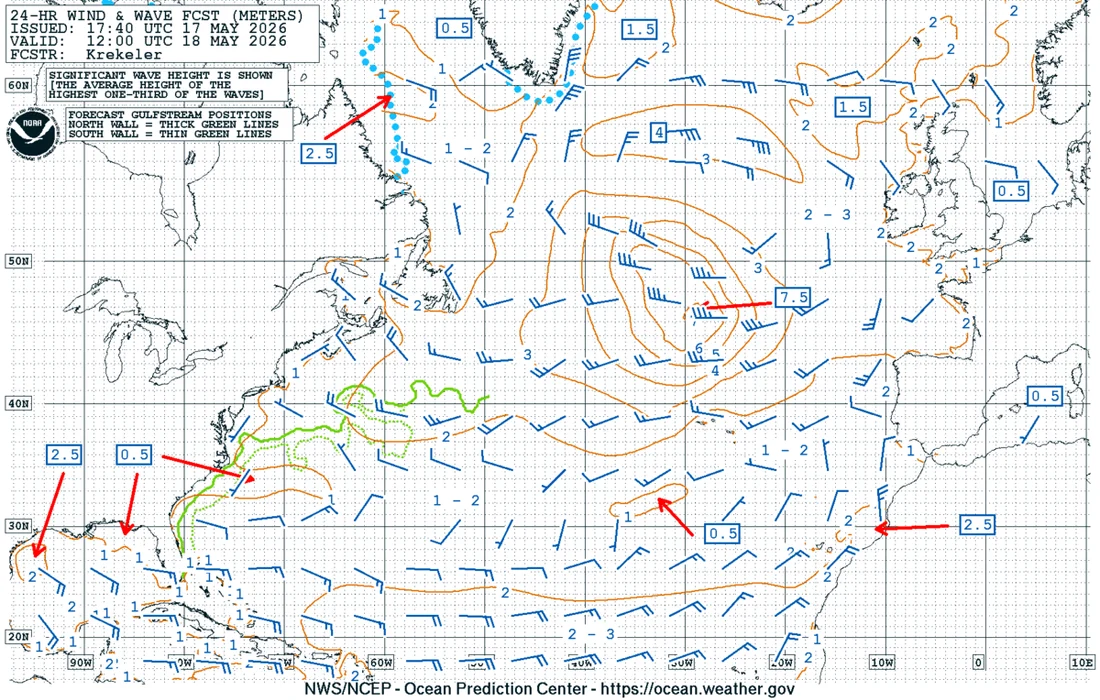 Carte NOAA de prévision vent et vagues Atlantique montrant des flèches de vent et des hauteurs de vagues