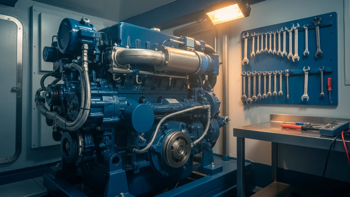 Moteur diesel marin propre dans un compartiment machine, éclairage technique, outils rangés et ambiance d'atelier maritime