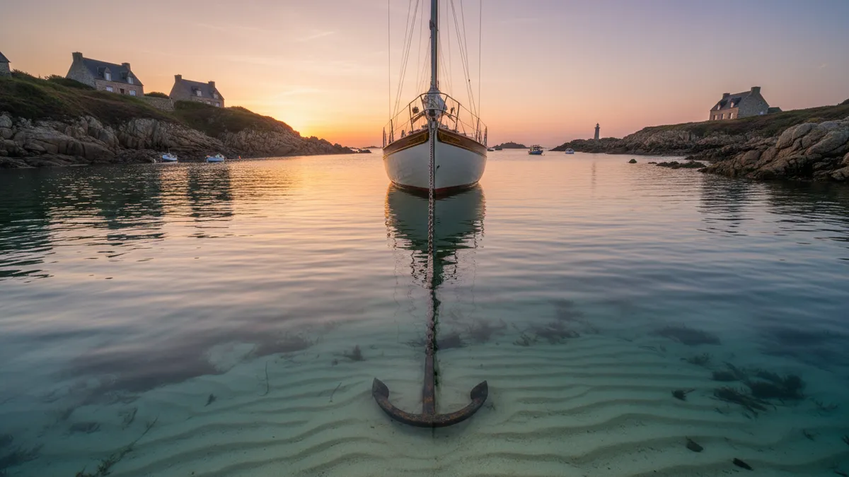 Navire au mouillage en baie protégée, ancre visible sous la coque, ambiance lumière dorée du couchant, eau calme