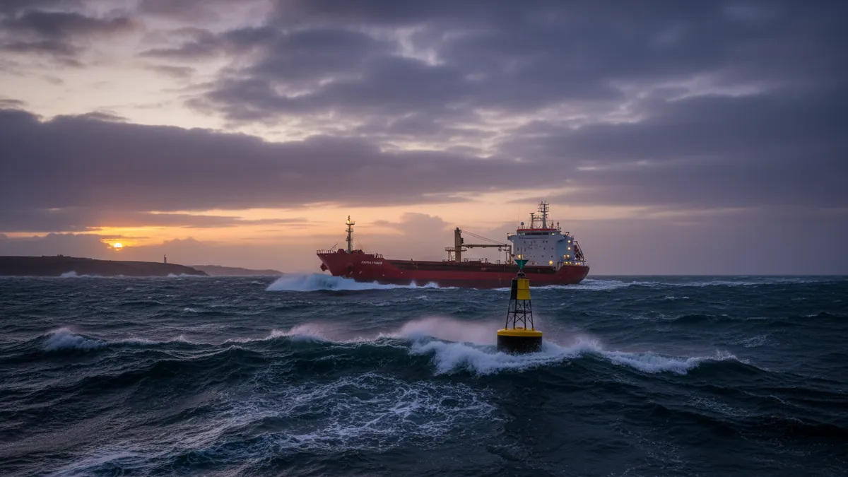 Vue depuis la passerelle d'un cargo traversant le rail d'Ouessant, horizon dégagé, balise cardinale visible à tribord, ambiance maritime professionnelle