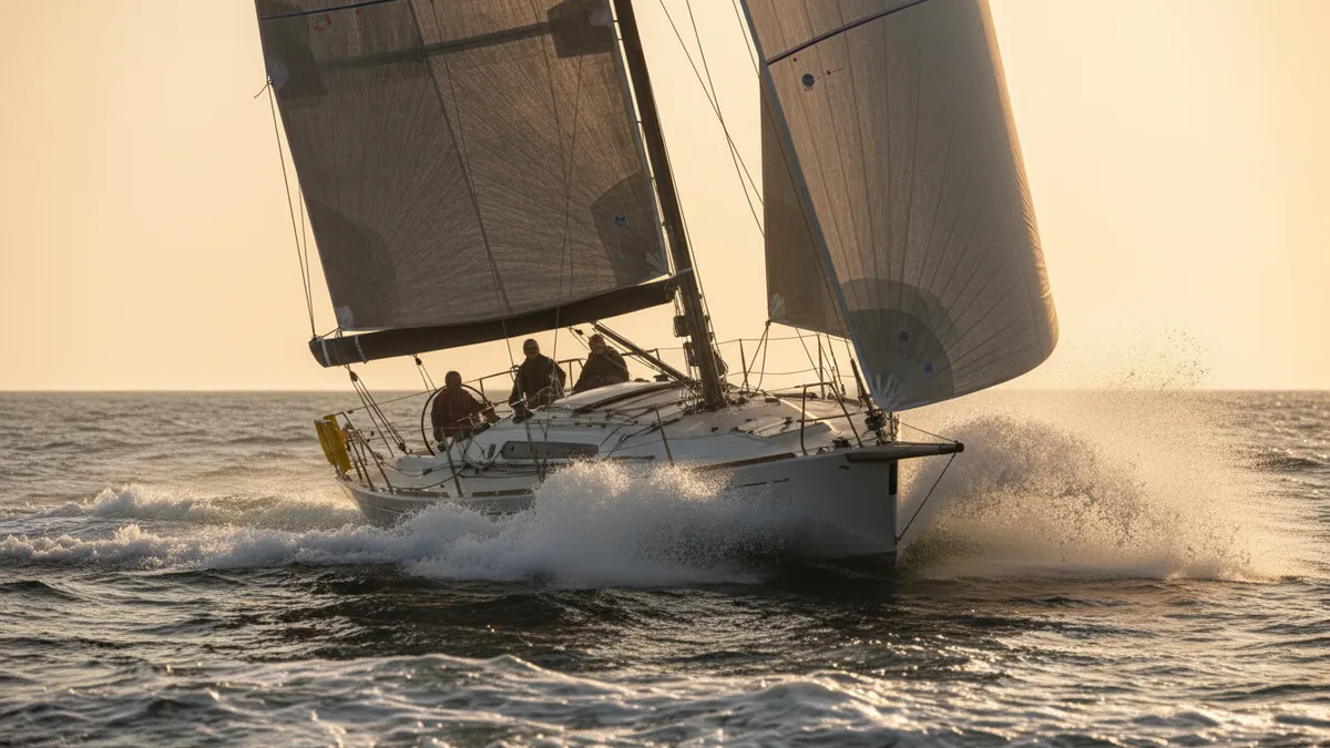 Deux voiliers sous voile en croisement par mer formée, l'un sur tribord amures grand-voile à bâbord, l'autre sur bâbord amures grand-voile à tribord — illustration de la règle 12 du RIPAM