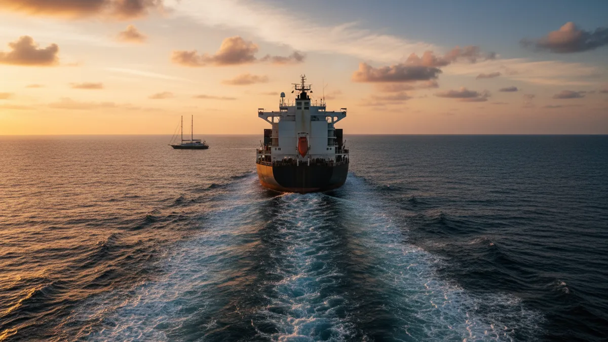 Voilier rapide en train de rattraper un cargo plus lent au crépuscule, vue depuis l'arrière, distance se réduisant — illustration du rattrapage et du secteur 22,5° de la règle 13 du RIPAM