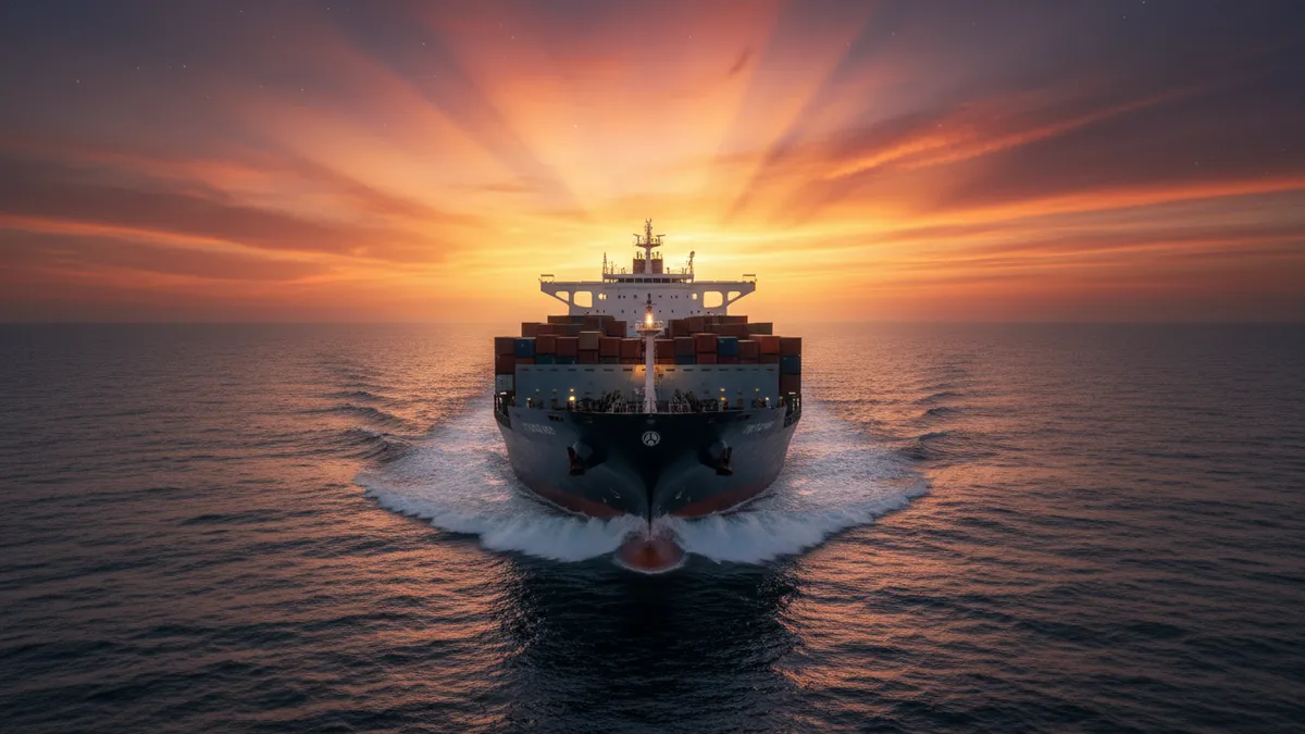 Deux navires à moteur en route directement opposée au crépuscule, légèrement décalés à tribord pour se croiser bâbord à bâbord — illustration de la règle 14 du RIPAM