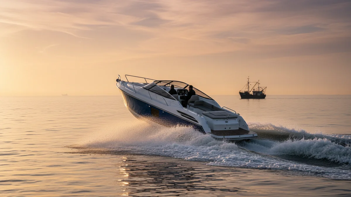 Vedette à moteur virant franchement à tribord pour s'écarter d'un autre navire au crépuscule, ambiance maritime