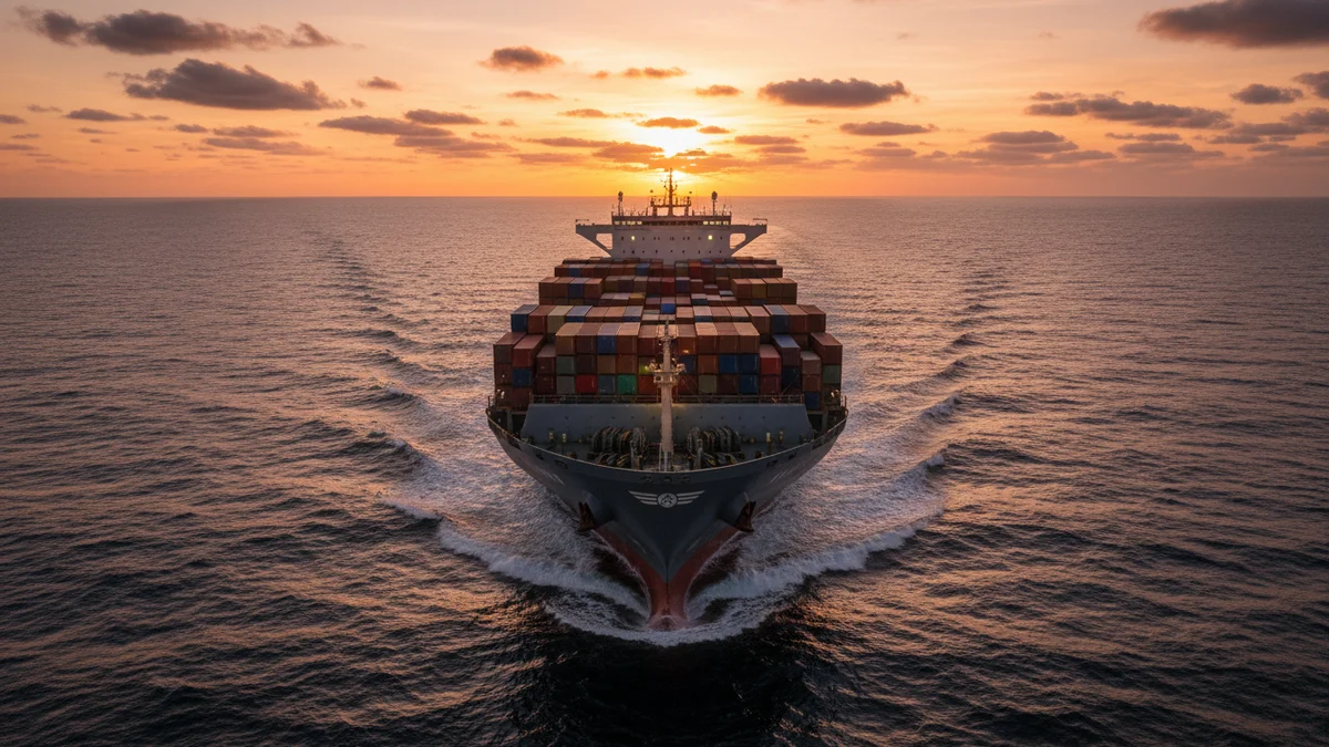 Cargo maintenant son cap stable au crépuscule en mer formée, vue de proue, ambiance maritime éditoriale