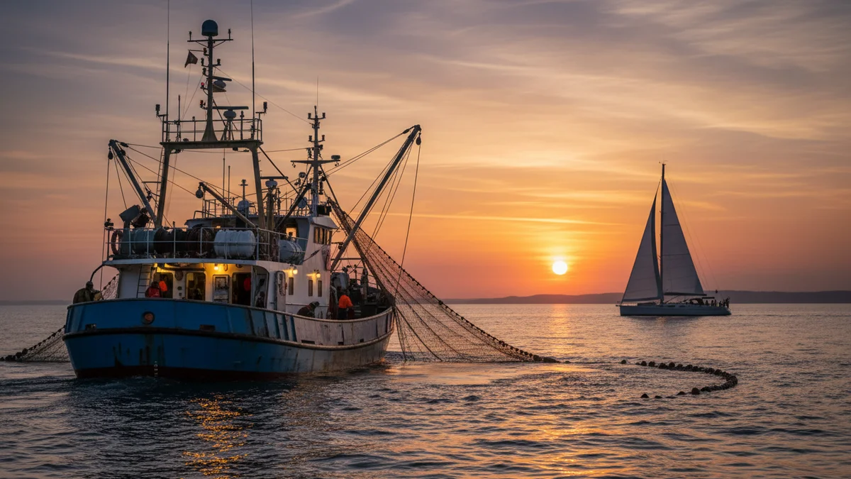 Chalutier en action de pêche au crépuscule, filets déployés, voilier sous voile en arrière-plan, ambiance maritime éditoriale