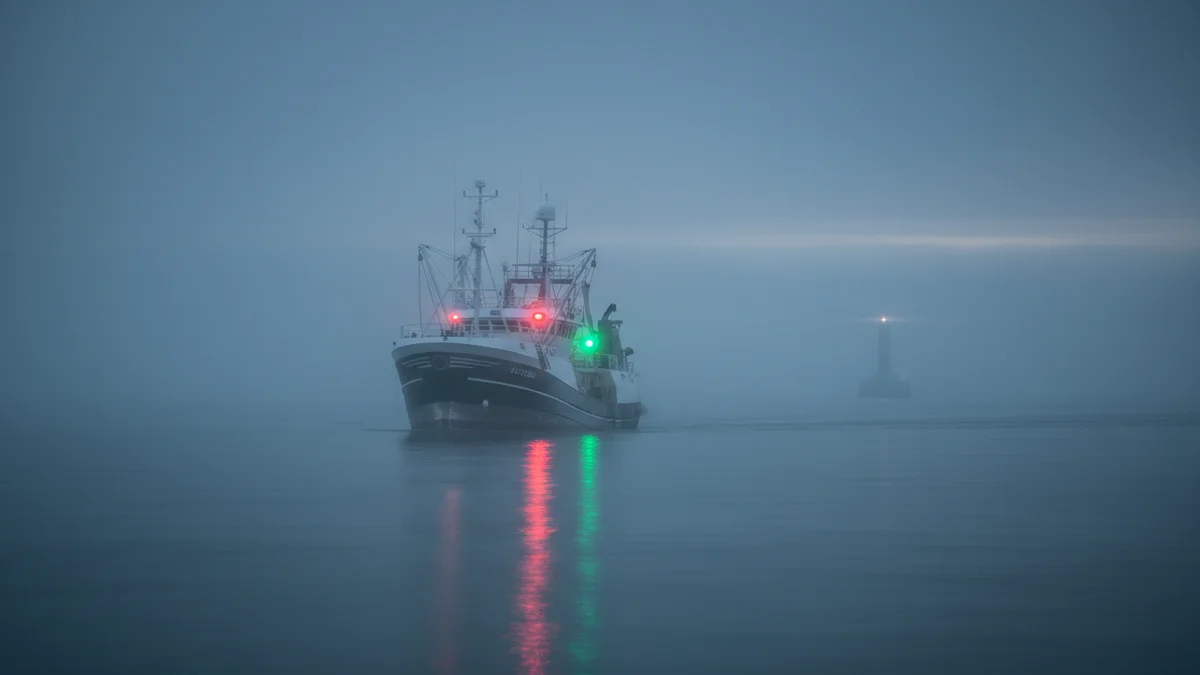 Navire de pêche émergeant d'un banc de brume au crépuscule, feux de navigation allumés, ambiance maritime tendue