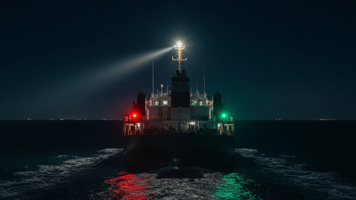 Gros plan de nuit sur les feux de navigation colorés d'un navire : feu blanc de mât, feu rouge bâbord, feu vert tribord