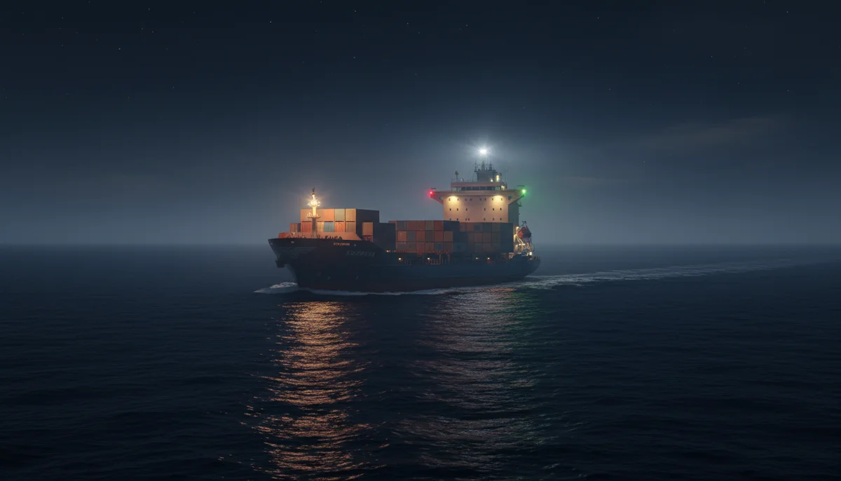 Cargo de nuit en mer ouverte avec feux de navigation visibles : feu de mât blanc, feu tribord vert et feu de poupe à l'arrière