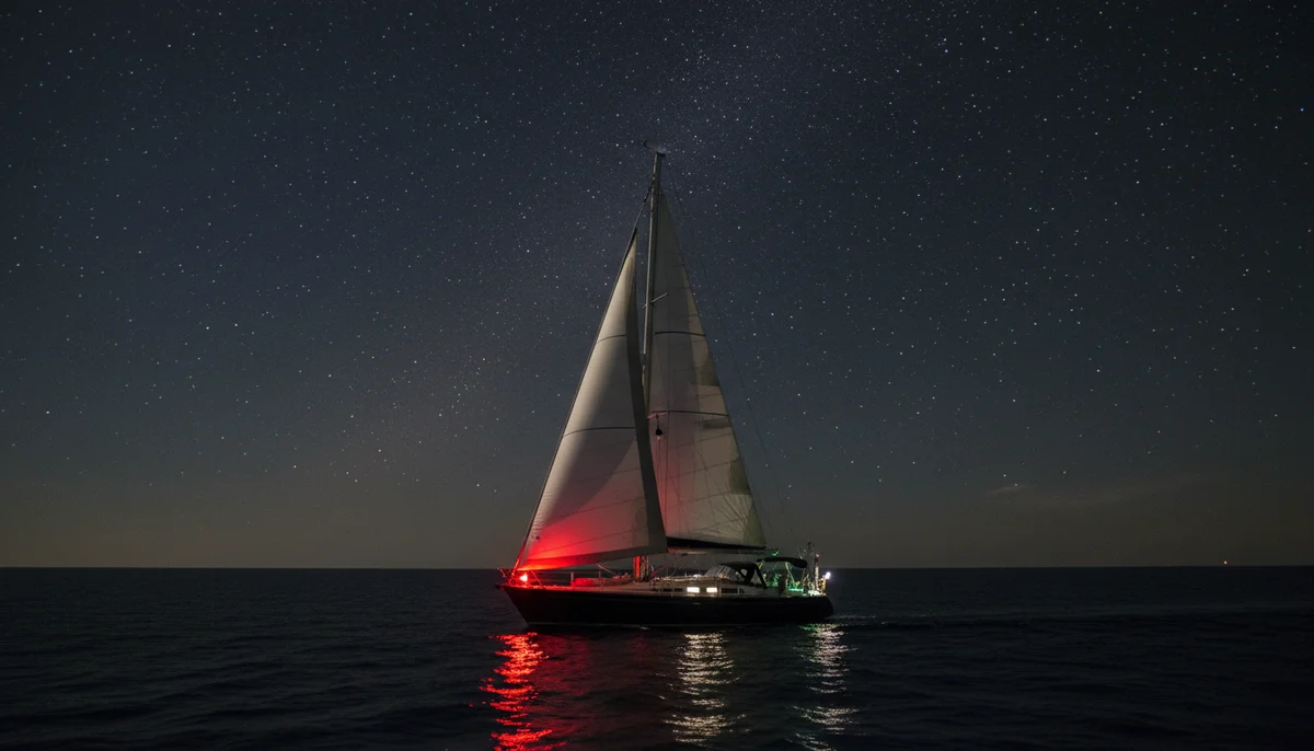 Voilier de croisière de nuit, feux de navigation rouge bâbord et vert tribord visibles, mer calme et étoilée