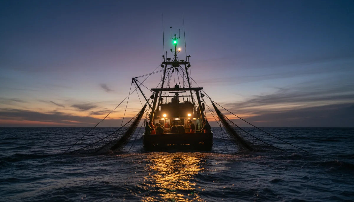 Chalutier de pêche au crépuscule, feux de navigation et feux verticaux vert sur blanc visibles, filet déployé visible derrière