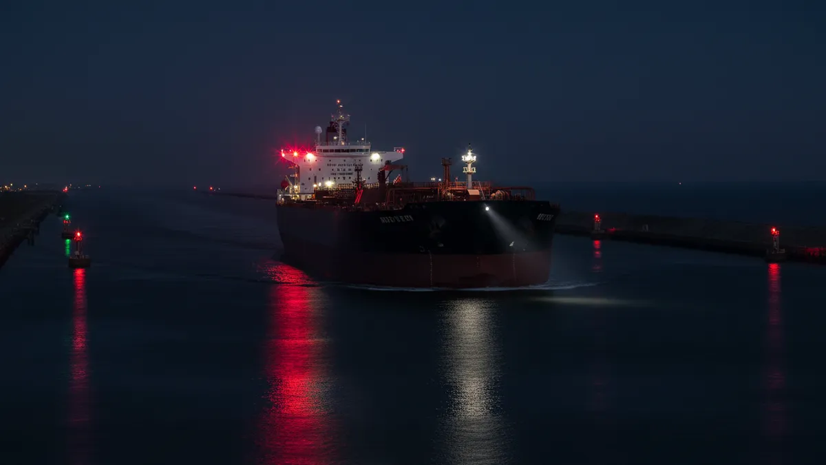 Grand pétrolier de nuit dans un chenal étroit montrant trois feux rouges superposés sur tout l'horizon