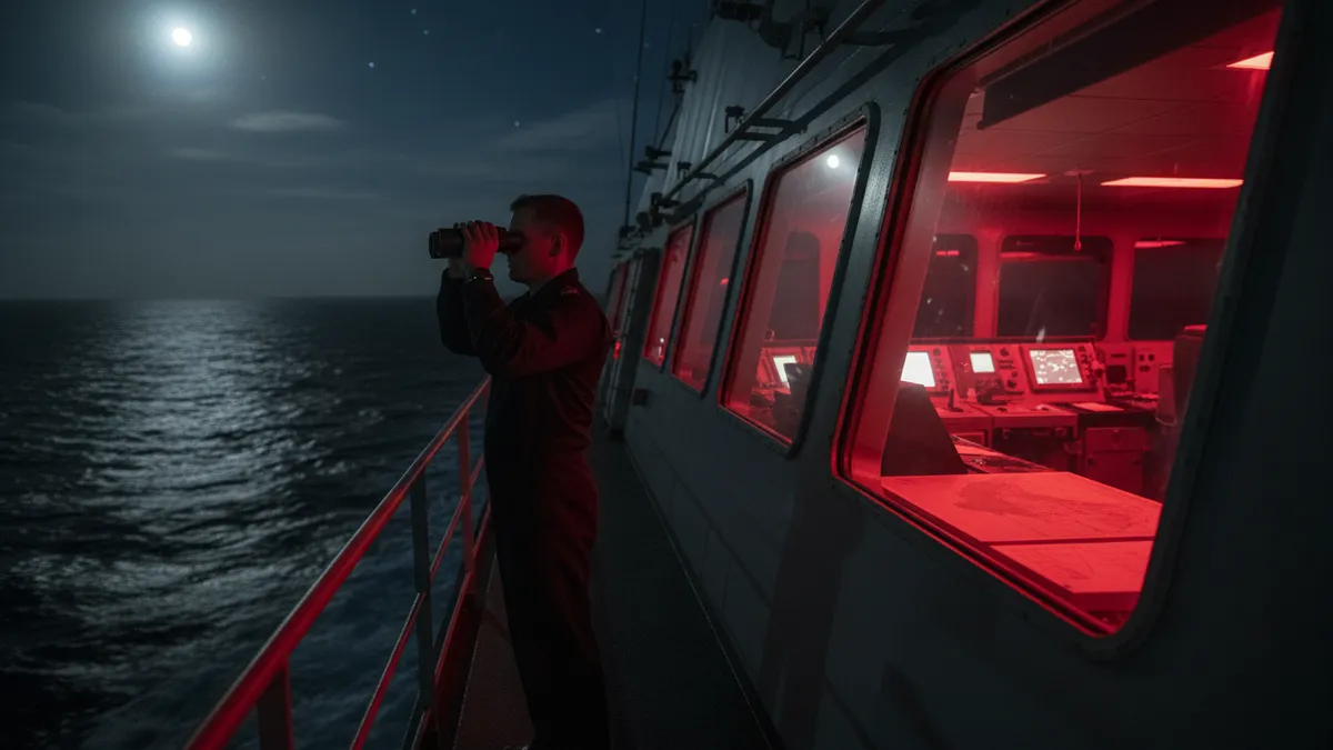 Officier de quart aux jumelles sur la passerelle d'un navire de nuit, instruments allumés en arrière-plan, lumière rouge tamisée — illustration de la veille permanente exigée par le RIPAM