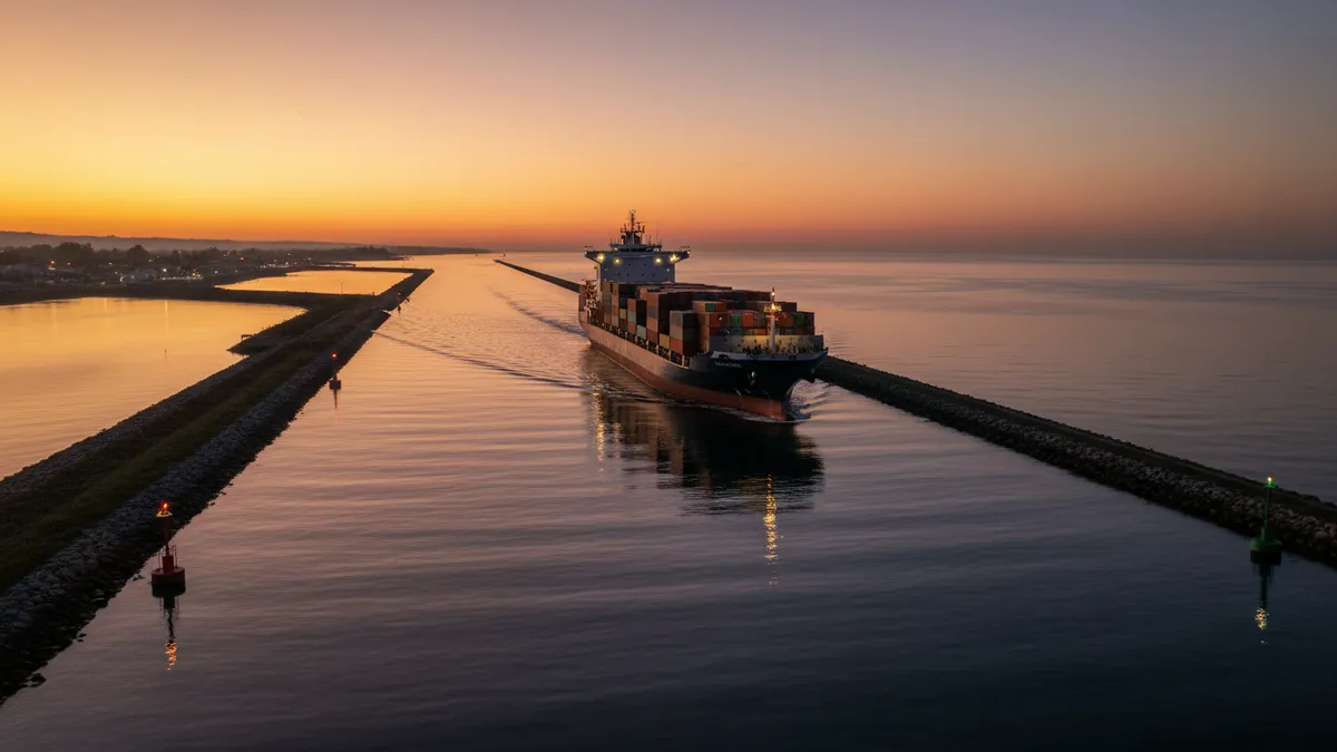 Cargo en transit dans un chenal étroit balisé au crépuscule, balises latérales rouge et verte, ambiance maritime éditoriale