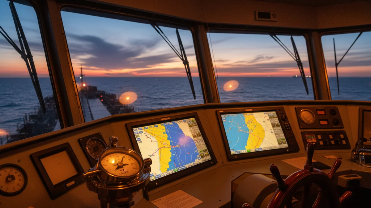 Vue depuis la passerelle d'un navire de commerce, mer ouverte au crépuscule, instruments de navigation visibles, ambiance professionnelle marine